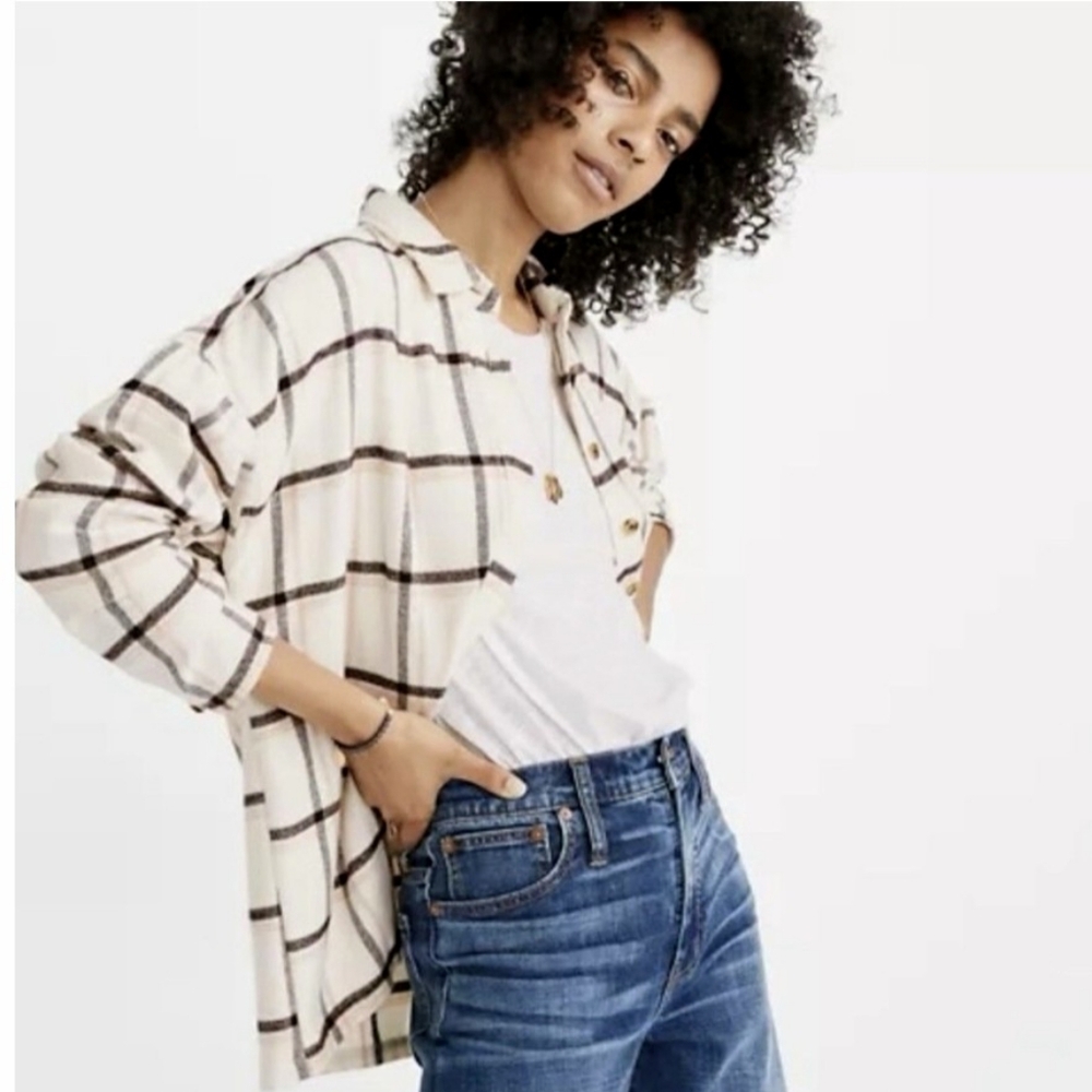 Madewell Bromley Shirt Cream Plaid Flannel Button‎ Cropped